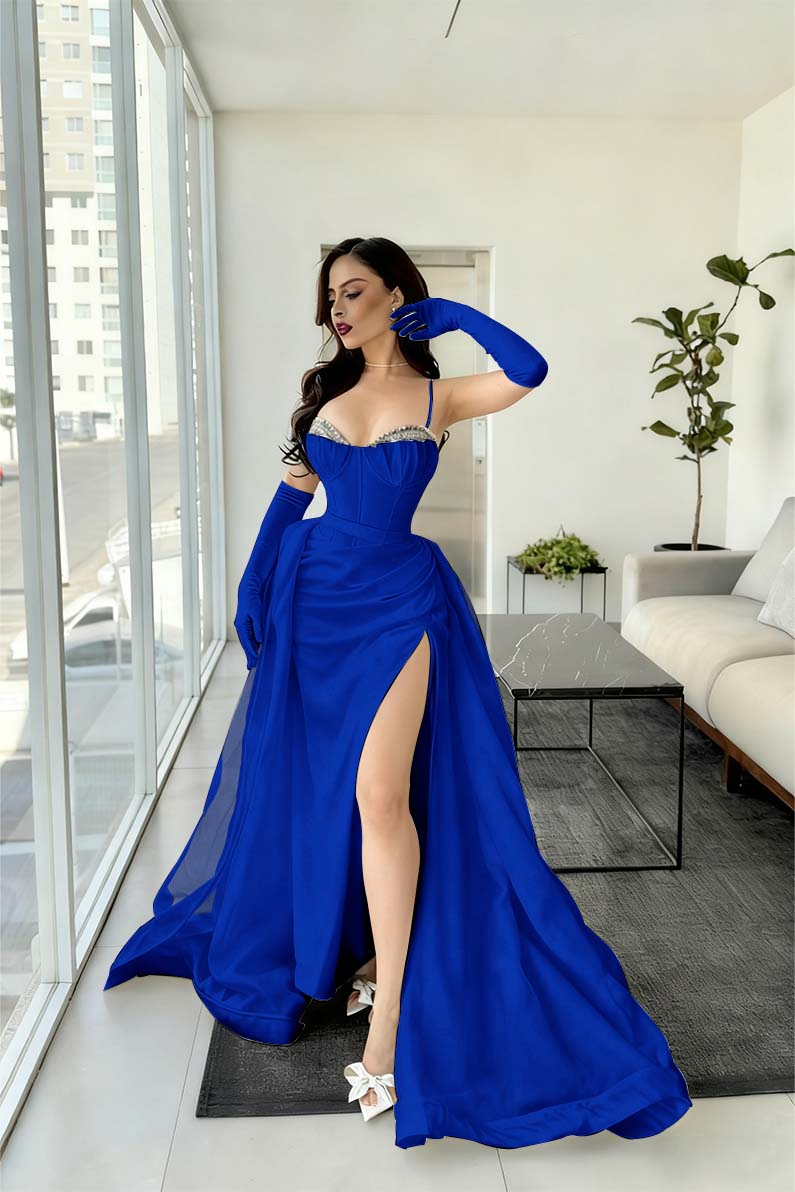 Spaghetti Strap Sleeveless Long Mermaid Prom Dress With Split Gloves BMBRIDE