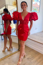 Sparkly Red Puff Sleeves Tight Short Homecoming Dress with Beading