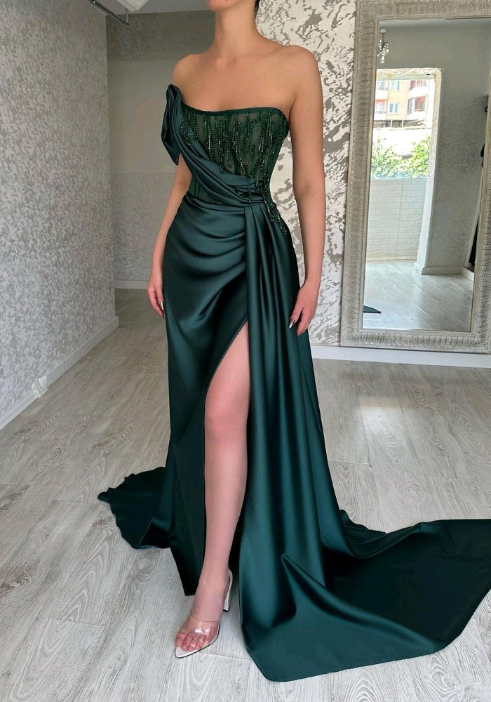 Glamorous Green Strapless Prom Dress Long Beading Mermaid Dress BM bride