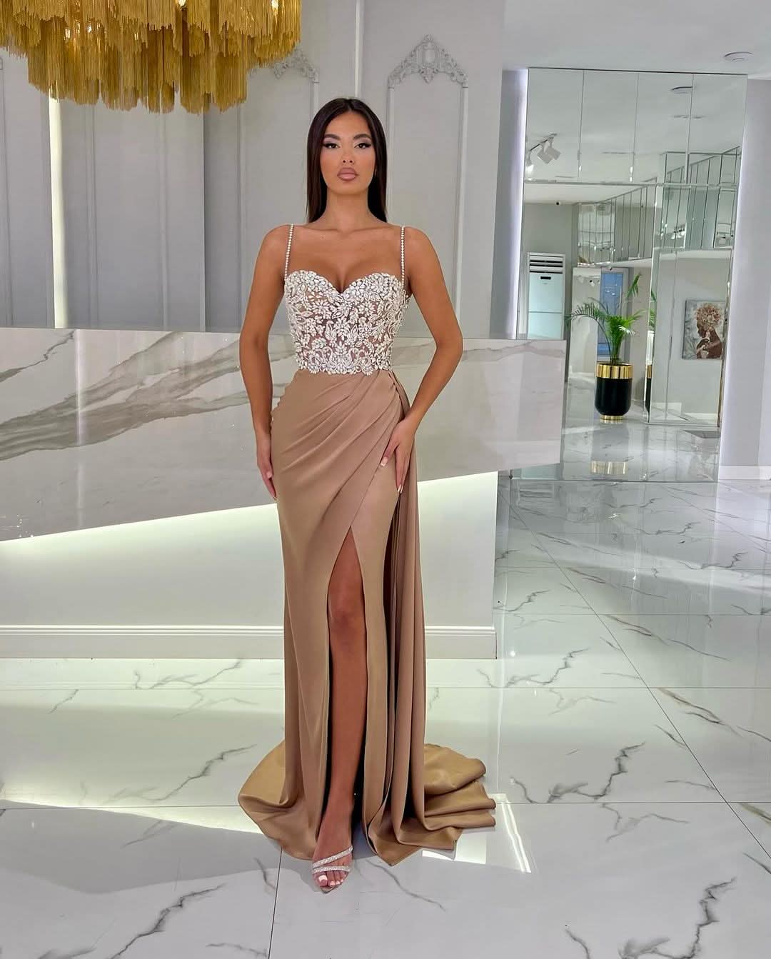 Baby Blue Prom Dress with High Slit, Spaghetti Strap Sweetheart Appliques BM bride