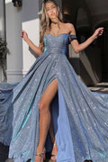V-Neck Off-The-Shoulder Sequined Mermaid Evening Dress with Front Split BM bride