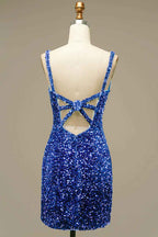 Royal Blue V Neck Sequins Homecoming Dress