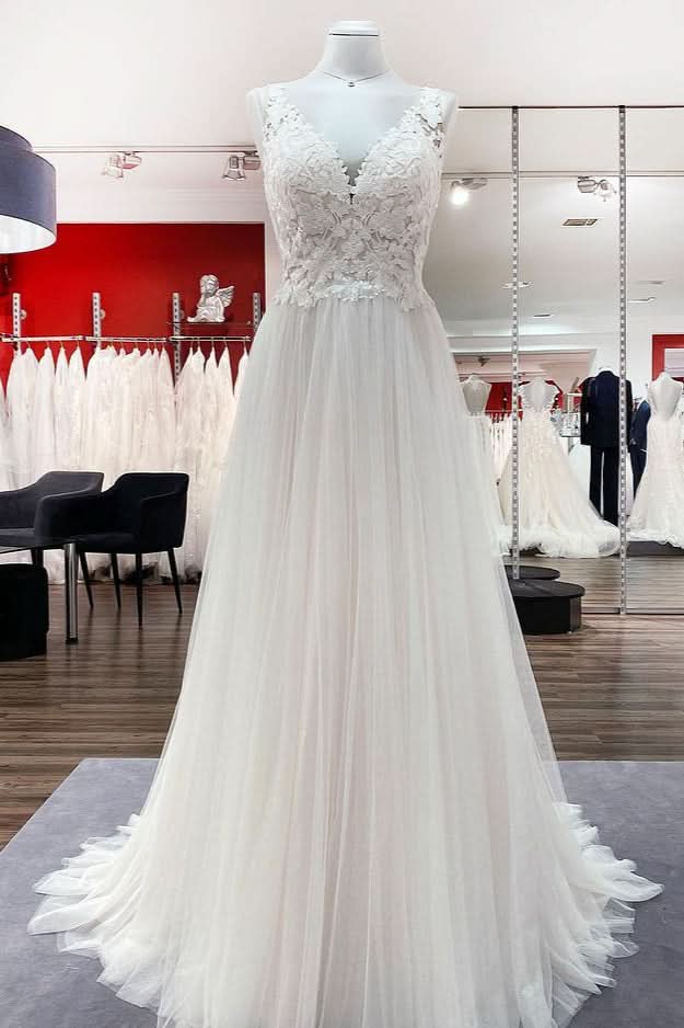 Long A-Line Tulle V-Neck Open Back Wedding Dress with Lace Appliques BM bride