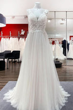Long A-Line Tulle V-Neck Open Back Wedding Dress with Lace Appliques BM bride