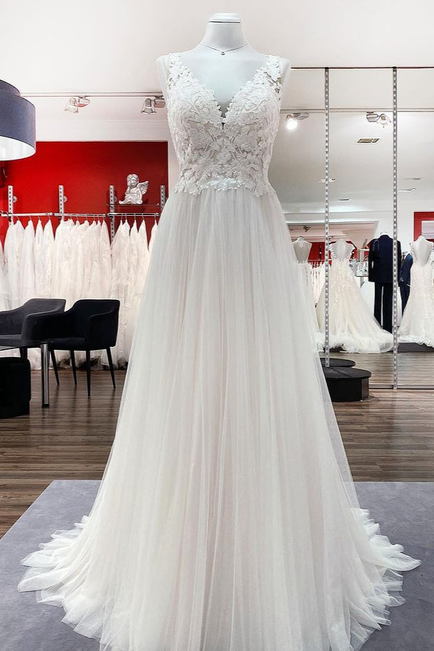 Long A-Line Tulle V-Neck Open Back Wedding Dress with Lace Appliques BM bride