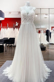 Long A-Line Tulle V-Neck Open Back Wedding Dress with Lace Appliques BM bride