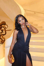 Halter Sleeveless Deep V Neck Long Split Prom Dress With Pleated