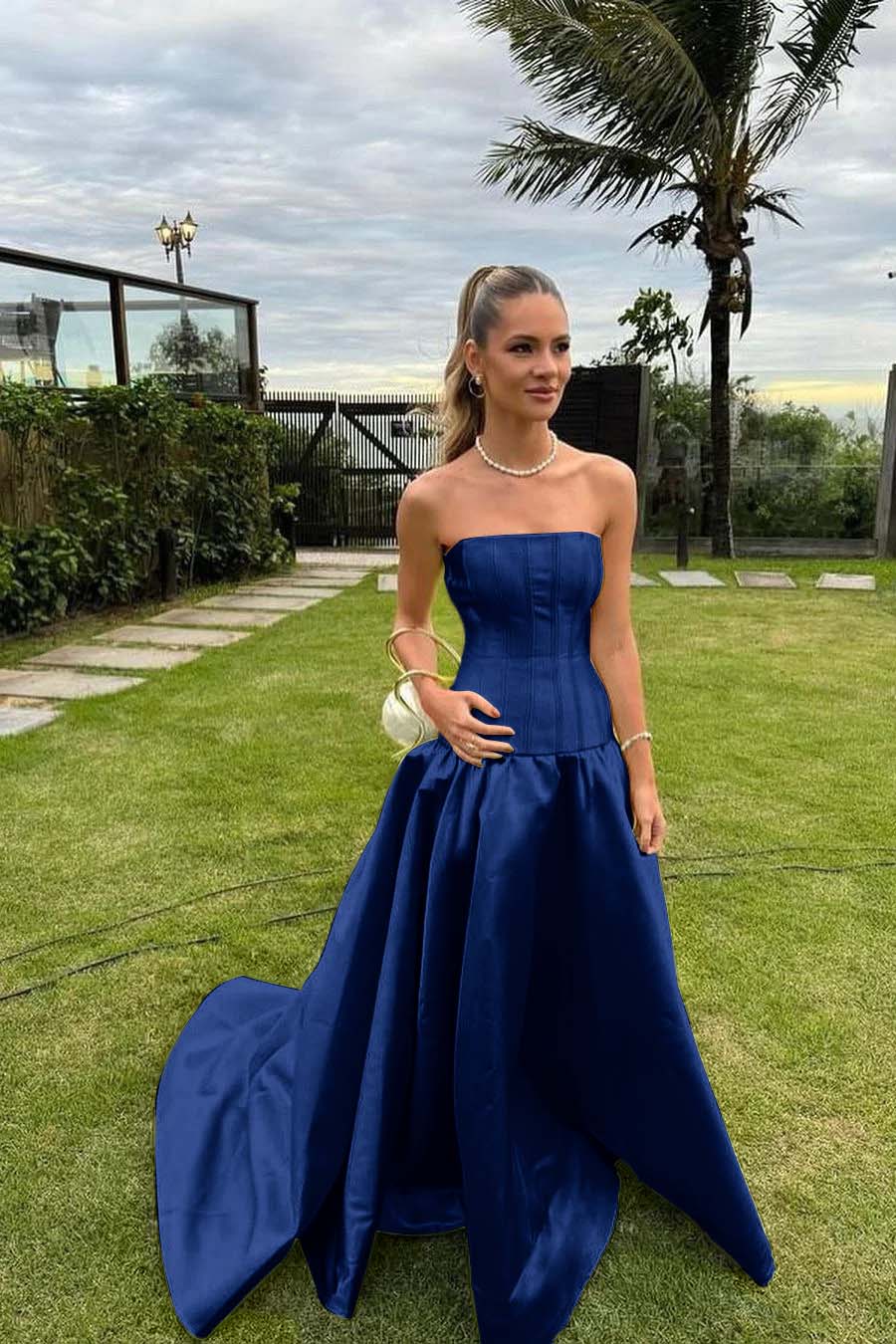 Chic Strapless Sleeveless Bateau Long Prom Dress With Pleated BMBRIDE
