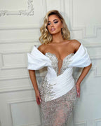 Heavy White Off the Shoulder Long Prom Dress Sleeveless Tulle