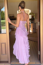 Stunning Halter Sleeveless Long Prom Dress With Pleated Ruffles