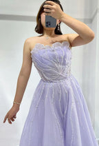 Lilac Strapless Sleeveless A-Line Tulle Prom Dress with Sequin Beads BM bride