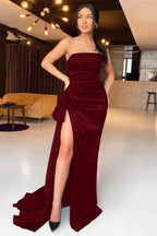 Stunning Black Mermaid Strapless Sleeveless Evening Dress With High Split