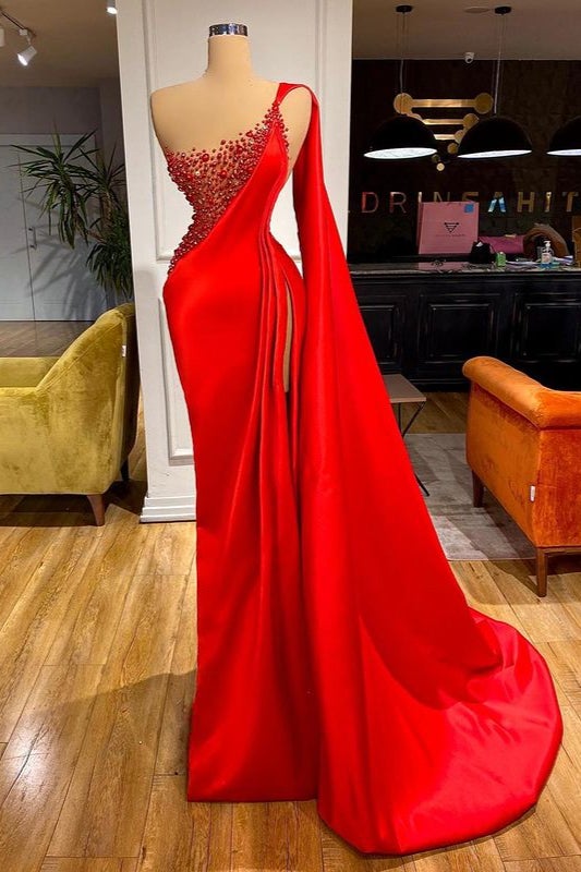 Red Ruffled Mermaid Prom Dress with Beading Split BM bride