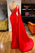 Red Ruffled Mermaid Prom Dress with Beading Split BM bride