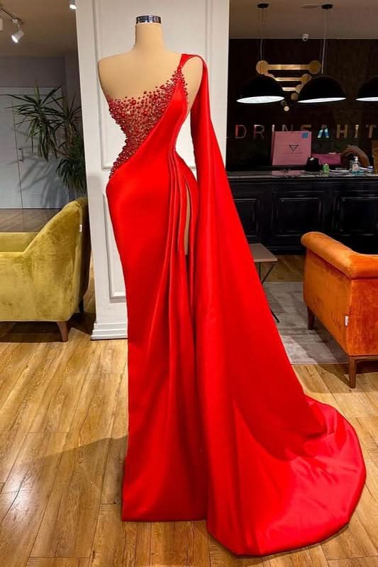 Red Ruffled Mermaid Prom Dress with Beading Split BM bride