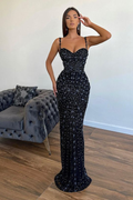 Black Sequins Sleeveless Prom Dress with Strap and Long Applique BM bride