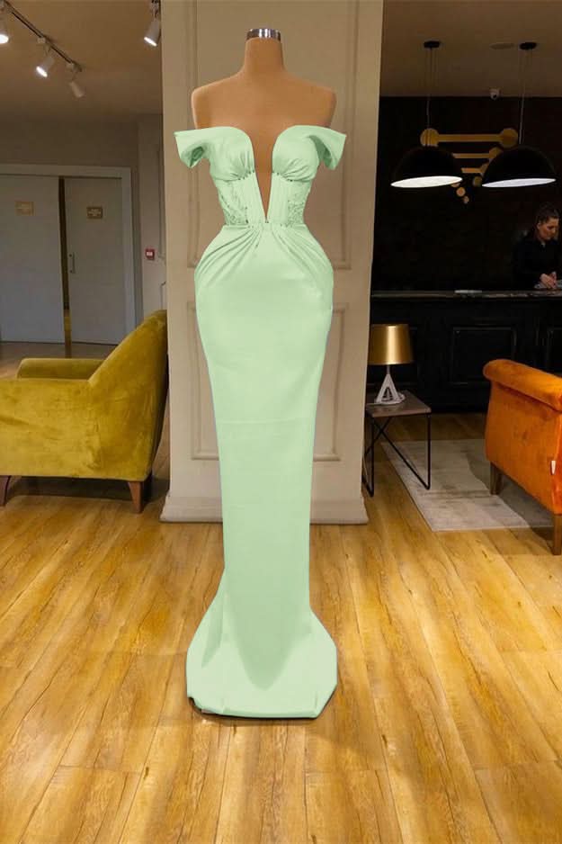 Sky Blue Off-the-Shoulder V-Neck Mermaid Prom Dress BM bride