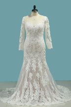 Long Sleeve Bateau Floor-Length Mermaid Wedding Dress with Lace Appliques BM bride