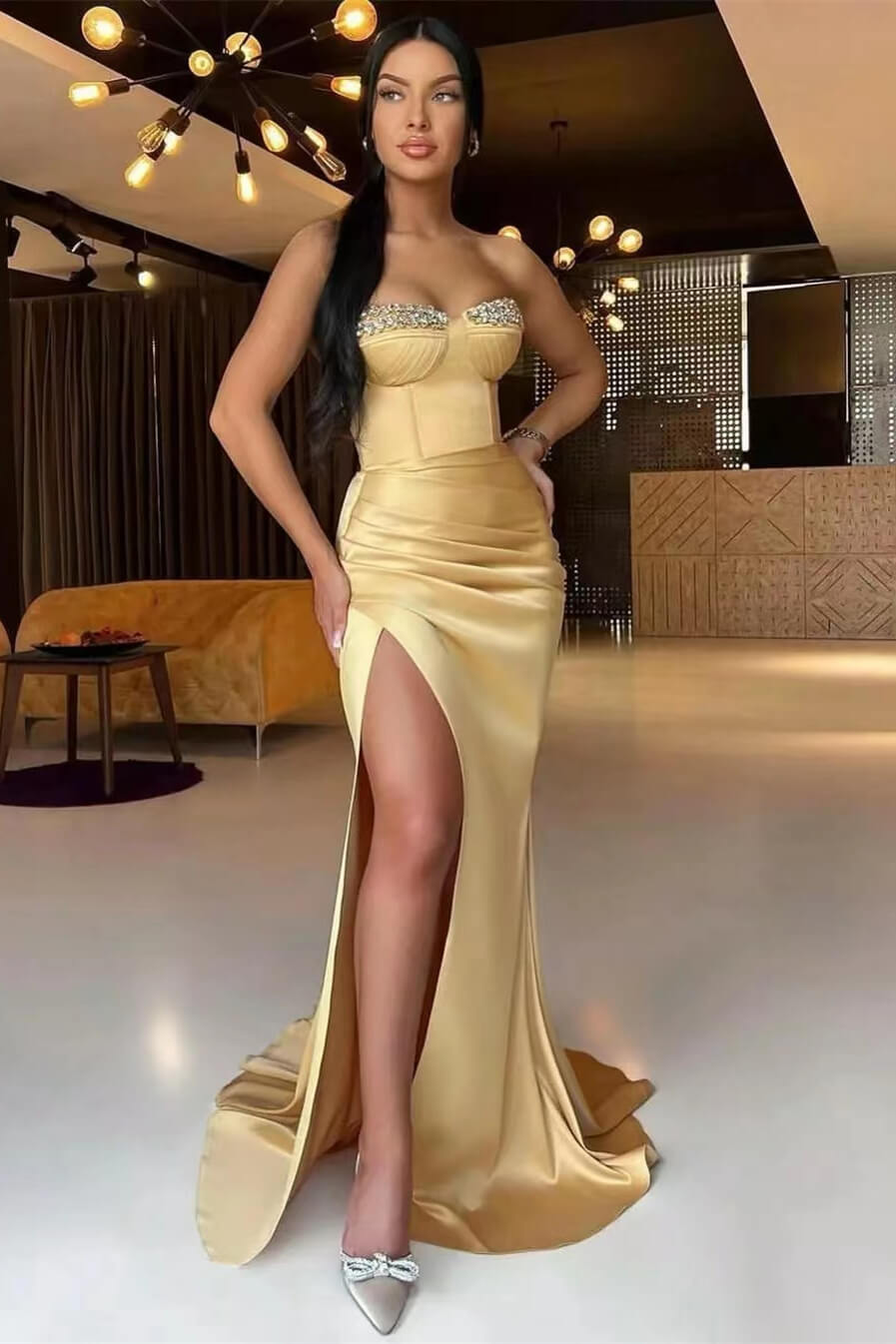 Gorgeous Dark Champagne Strapless Mermaid Long Prom Dress Split With Pleated Ruffles Beads
