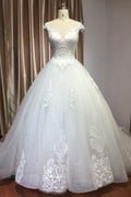 Elegant Cap Sleeve Sheer Tulle Ball Gown Wedding Dress with Lace V-Neck BM bride