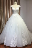 Elegant Cap Sleeve Sheer Tulle Ball Gown Wedding Dress with Lace V-Neck BM bride