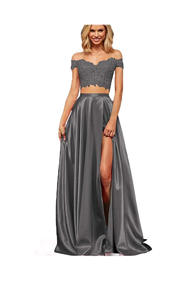 Off-the-Shoulder Two Pieces Prom Dress with Appliques and Slit BM bride