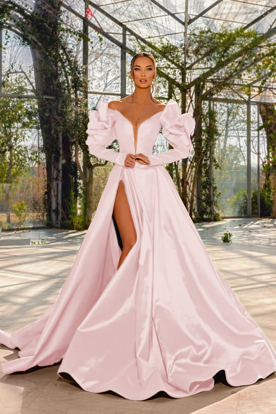 Sexy Prom Dress Red V Neck Bubble Long Sleeves With High Split BMBRIDE
