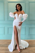 Ivory Bubble Sleeves Sweetheart Long Mermaid Prom Dress With Front Split