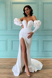 Ivory Sweetheart Bubble Sleeves Mermaid Prom Dress with Split BM bride