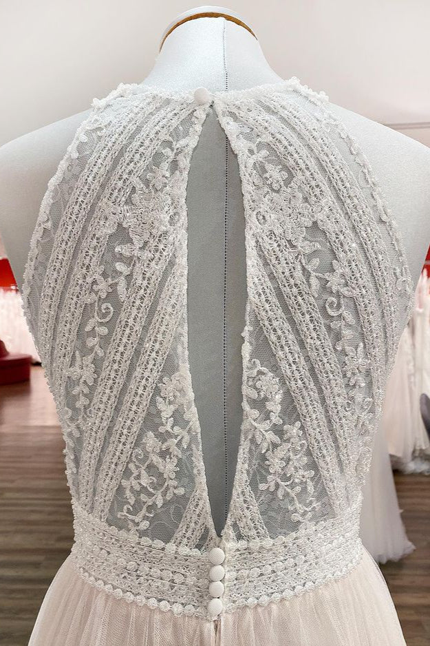 Long A-Line Halter Backless Wedding Dress with Tulle Lace BM bride