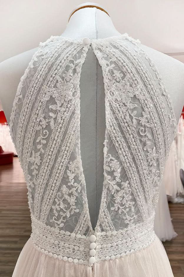 Long A-Line Halter Backless Wedding Dress with Tulle Lace BM bride