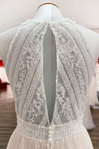 Long A-Line Halter Backless Wedding Dress with Tulle Lace BM bride