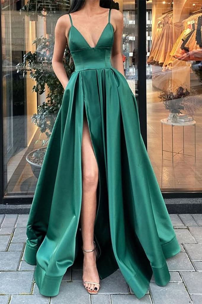 Dark Green Prom Dress with Split and Pockets BM bride