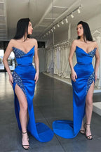 Royal Blue Sweetheart Long Sequined Mermaid Prom Dress with Split BM bride