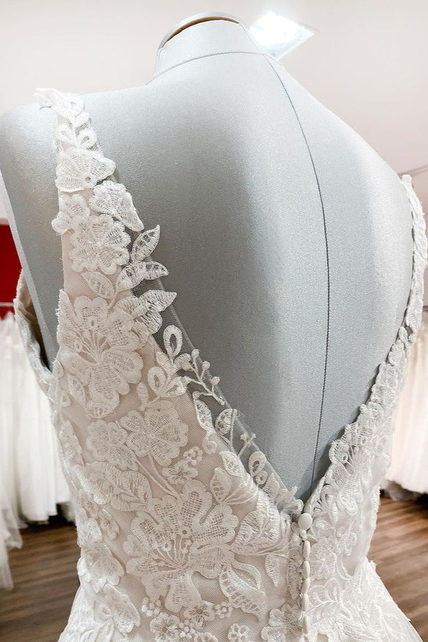 Elegant A-line Tulle V-Neck Open Back Wedding Dress With Lace Ruffles BM bride