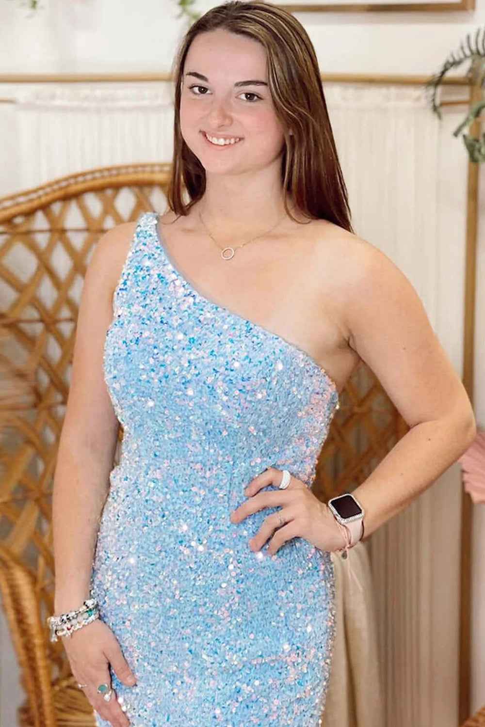 Green Sequins One Shoulder Tight Homecoming Dress Bmbride