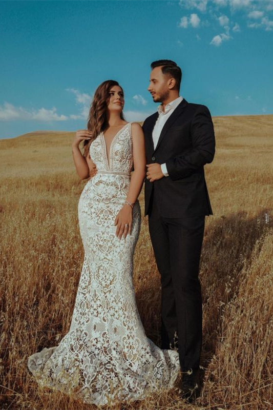 V-Neck Empire Mermaid Wedding Dress with Lace Beading BM bride