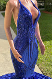 Royal Blue Halter V-Neck Open-Back Sleeveless Mermaid Prom Dress BM bride