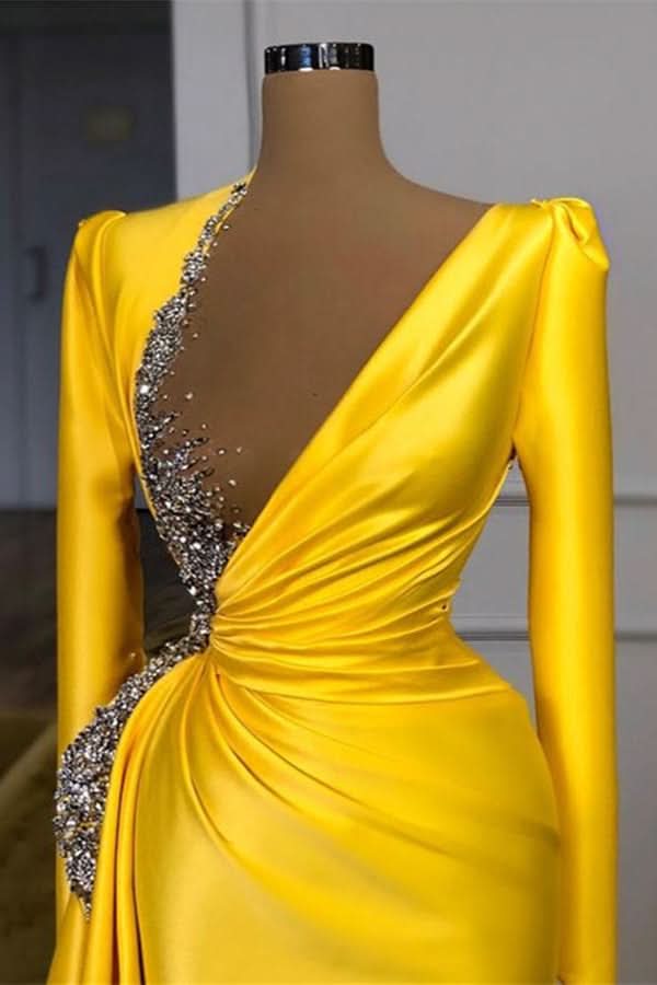 Yellow Long Sleeves Prom Dress with Beads and Sequins BM bride