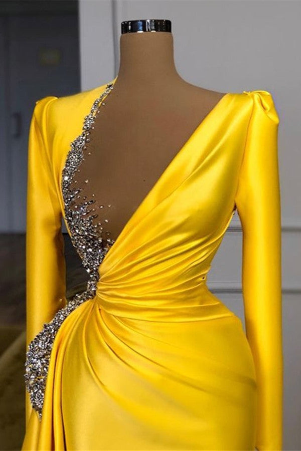 Charming Long Sleeves Yellow Split Long Prom Dress With Beadings Sequins BMBRIDE