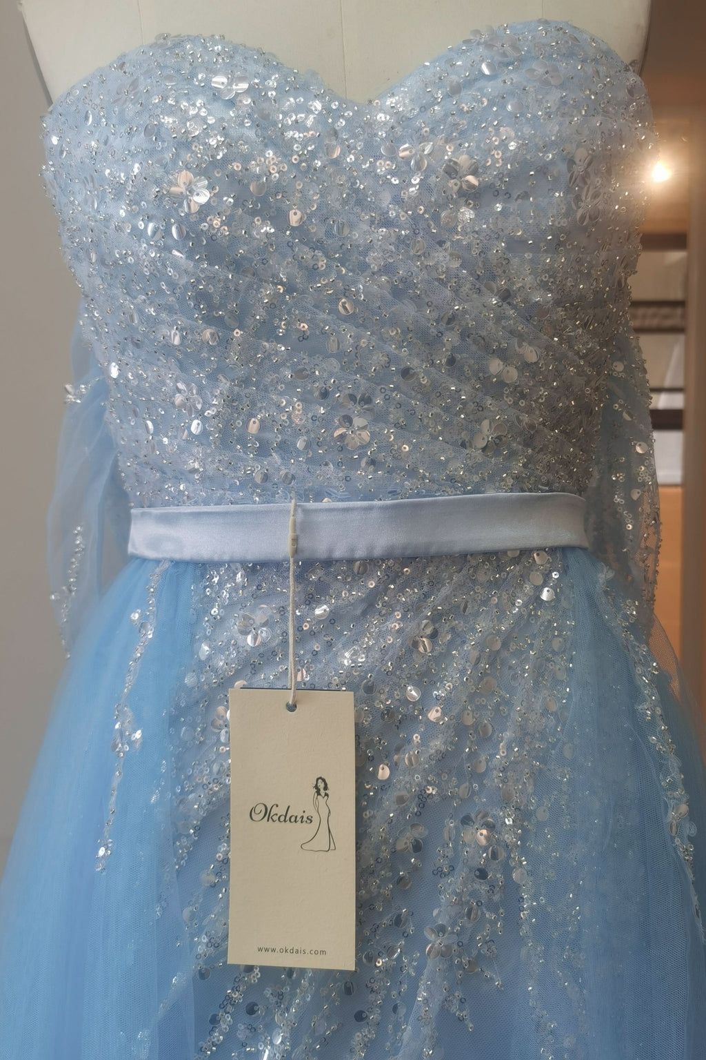 Off-the-Shoulder Sky Blue Prom Dress with Sequins and Slit BM bride