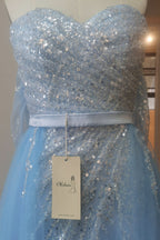 Off-the-Shoulder Sky Blue Prom Dress with Sequins and Slit BM bride