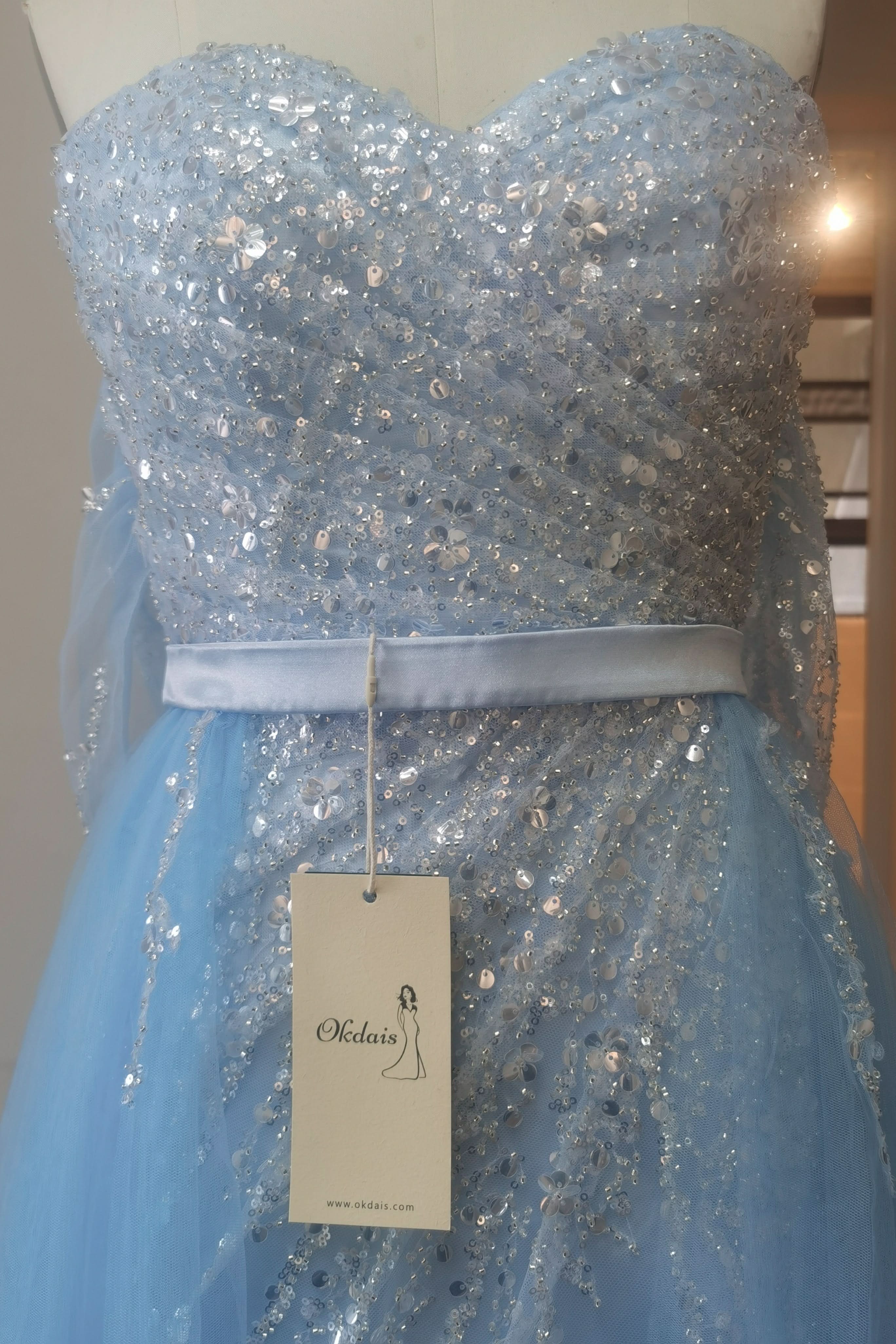 Off-the-Shoulder Sky Blue Prom Dress with Sequins and Slit BM bride