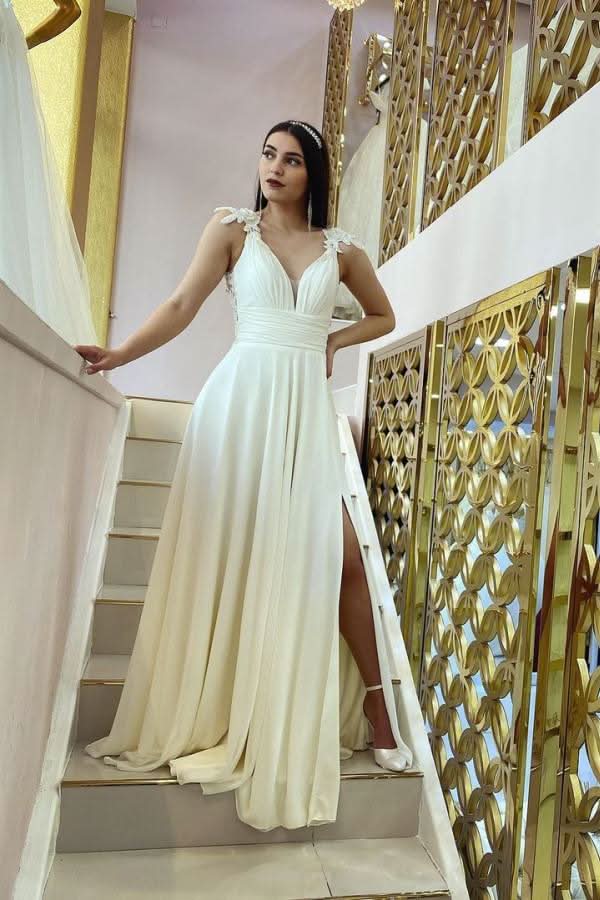 Long Sweetheart A-Line V-Neck Split Wedding Dress with Lace Chiffon BM bride