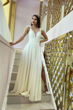 Long Sweetheart A-Line V-Neck Split Wedding Dress with Lace Chiffon BM bride