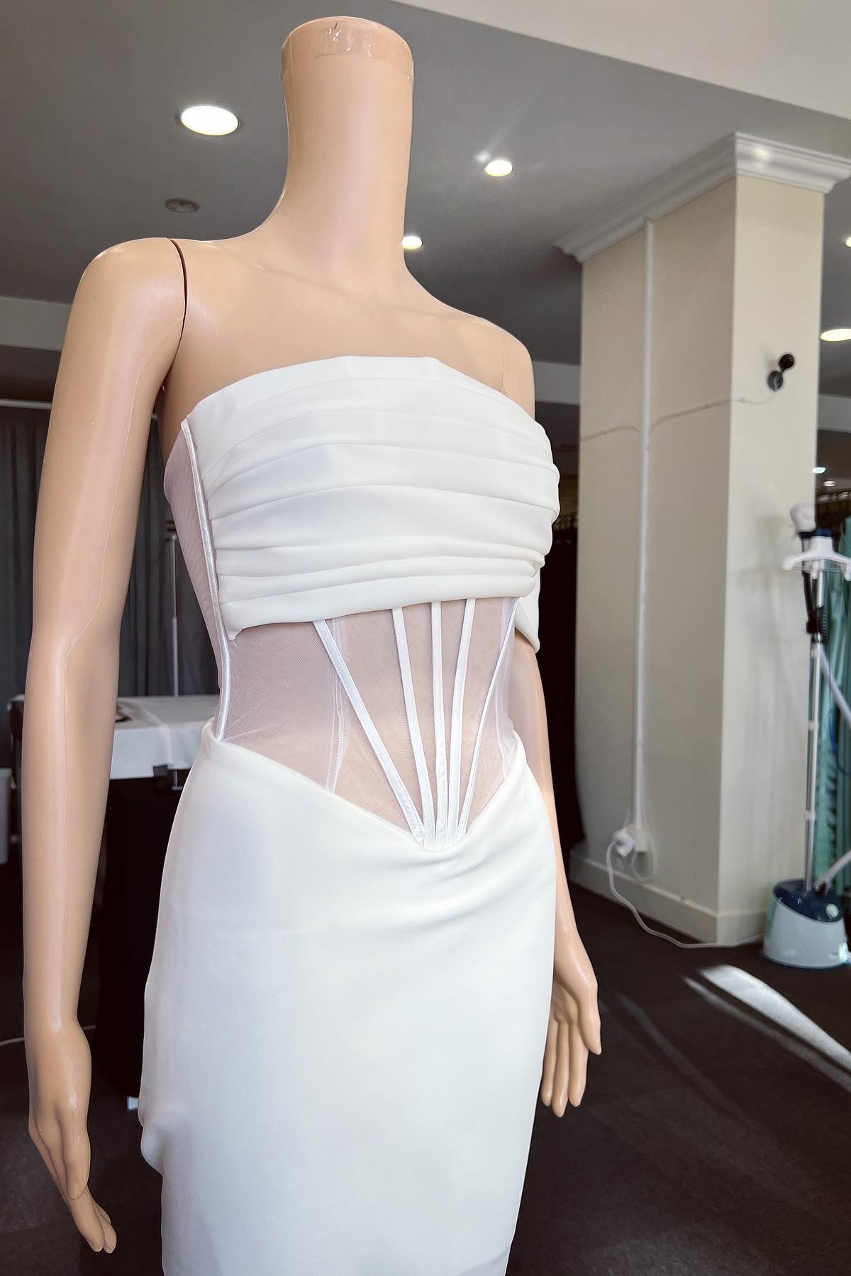 White Off the Shoulder Strapless Mermaid Prom Dress With Pleated BMBRIDE