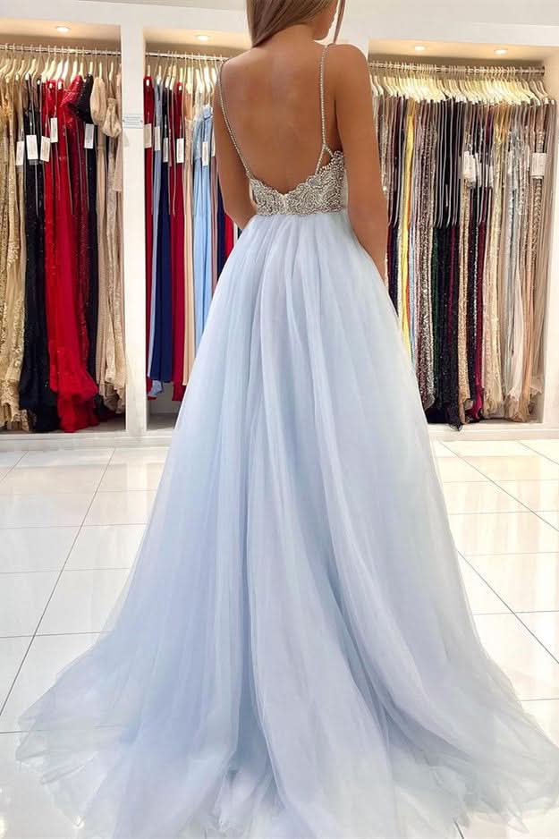 Light Sky Blue Spaghetti-Straps Tulle Long Prom Dress with Beads BM bride