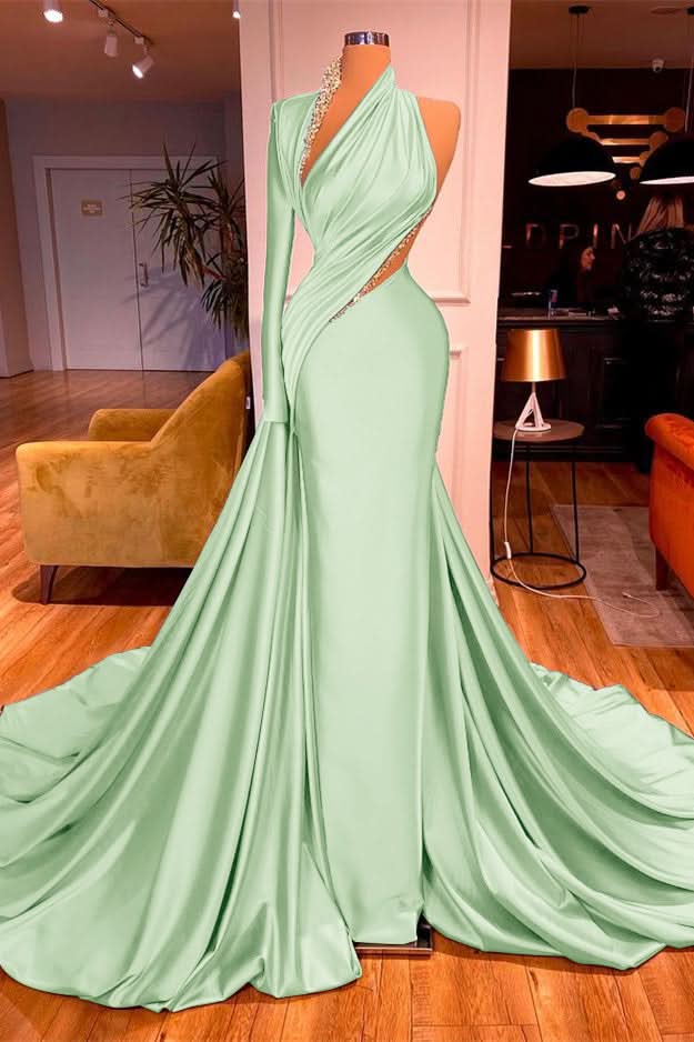 One-Shoulder Long Sleeves Mermaid Evening Dress Long with Beadings BM bride