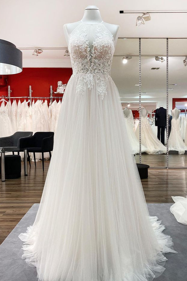 Halter Sleeveless A-Line Wedding Dress with Open Back, Lace, and Tulle BM bride