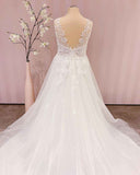 Sleeveless V-Neck A-Line Backless Wedding Dress with Lace Appliques BM bride